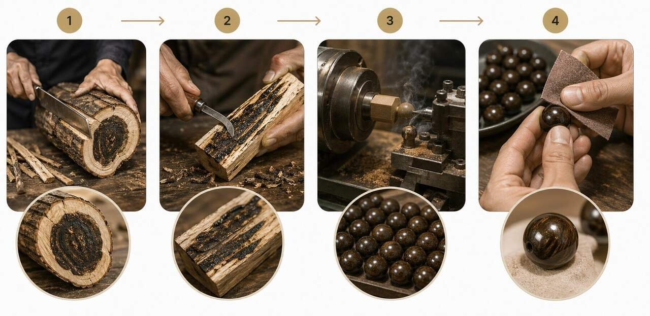 Demonstração de fabricação manual de pulseiras de agarwood cultivado para compradores atacadistas B2B — artesão torneando contas premium de oud na oficina AgarwoodTown em Guangdong