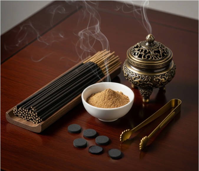 Japanese agarwood incense koh ceremony — kyara incense sticks and oud wood chips for kōdō ritual